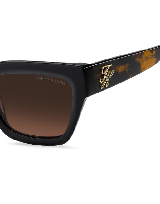 Tommy Hilfiger Sunglasses Tommysungl bold square sunglasses with brown shaded pink gradient lenses in black, 4 of 6