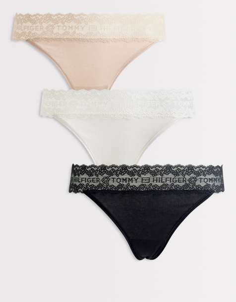 Tommy Hilfiger – Svarta/vita/beige stringtrosor i tangamodell med logga och spetsdetaljer, 3-pack - view 1