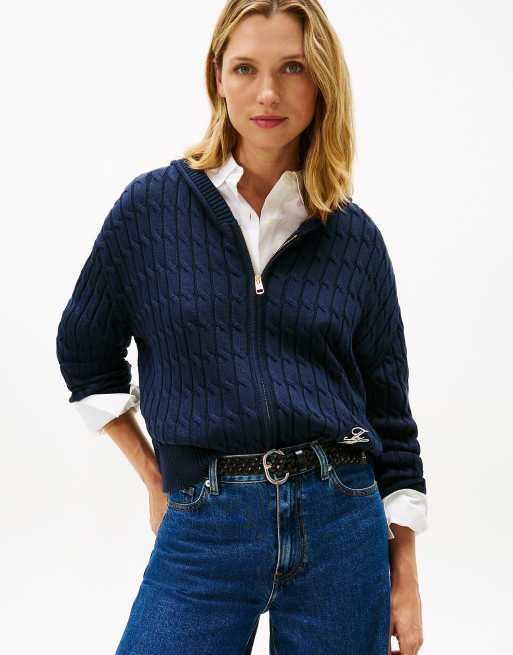 Tommy Hilfiger - Sweat à capuche zippé en maille torsadée - Bleu foncé