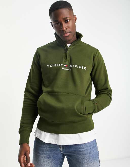 Tommy Hilfiger Sweat avec logo drapeau brod et col zipp Vert