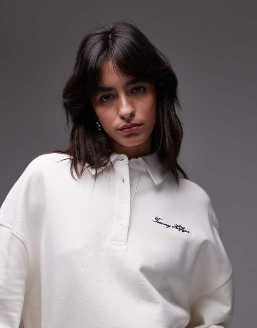 Tommy Hilfiger - Sweat décontracté style rugby en piqué à logo brodé - Blanc