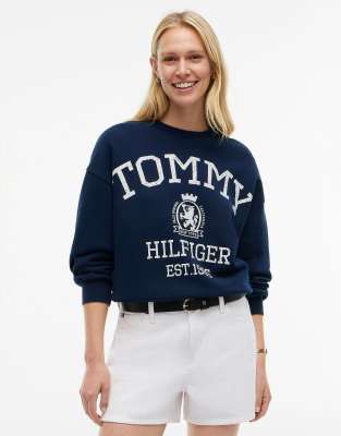 Sweat-shirt décontracté avec écusson logo et ourlet à cordon de serrage - Bleu foncé L