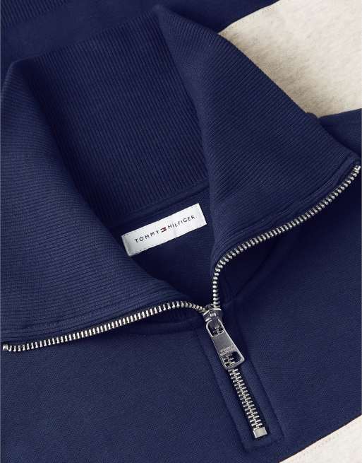 Tommy Hilfiger sweat-shirt en molleton coupe décontractée à quart de zip rayé bleu foncé / chiné beige, 6 de 6