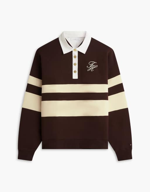 Tommy Hilfiger sweat-shirt rugby à rayures avec boutons dorés, chocolat, 5 de 5