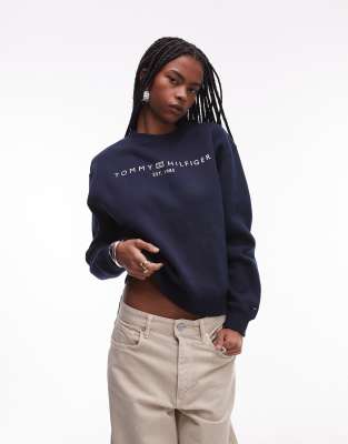 Tommy Hilfiger - Sweatshirt aus Fleece in Dunkelblau mit Rundhalsausschnitt