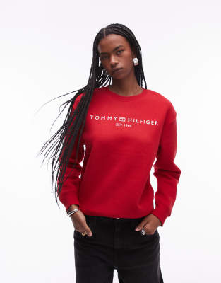 Tommy Hilfiger - Sweatshirt aus Fleece in Rot mit Rundhalsausschnitt