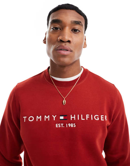 Tommy Hilfiger – Sweatshirt in Dunkelrot mit Logo-Stickerei und Rundhalsausschnitt