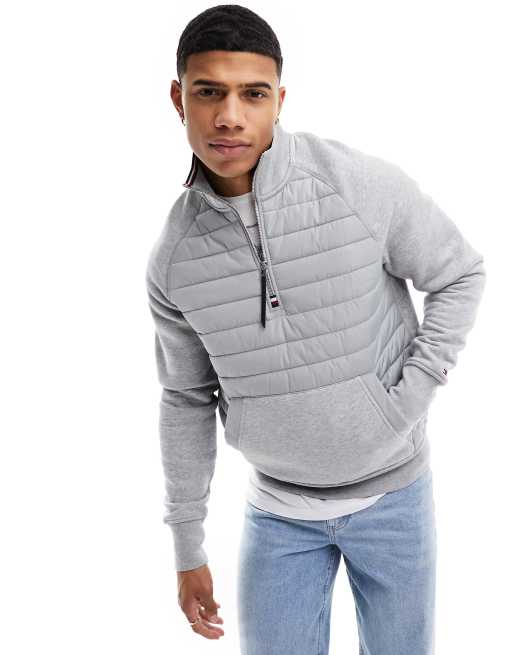 Tommy Hilfiger - Sweatshirt van gemengde materialen met halve rits in gemêleerd lichtgrijs
