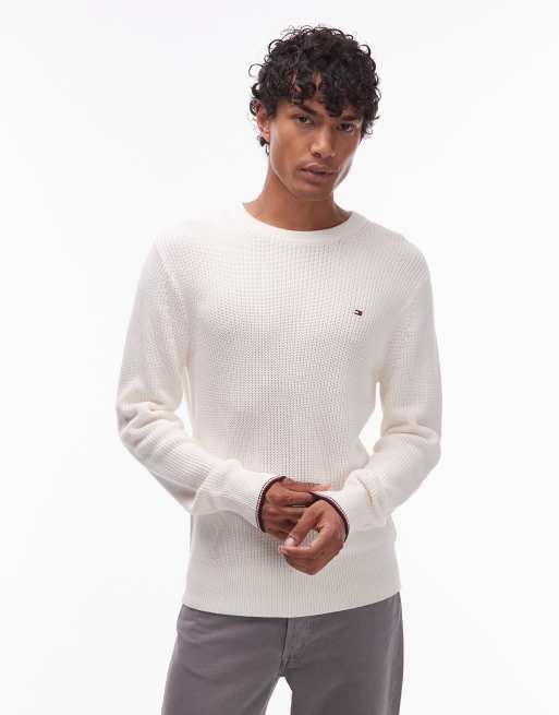Tommy Hilfiger – Sweter z okrągłym dekoltem w kolorze złamanej bieli z kontrastowym wykończeniem