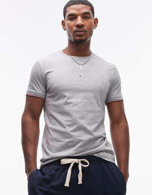Tommy Hilfiger – Szary T-shirt z logo i lamówką