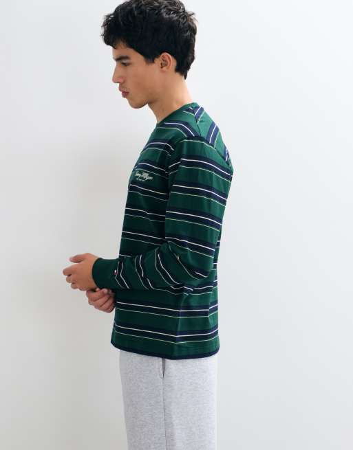 Tommy Hilfiger t-shirt à manches longues rayé avec logo script en vert/multicolore, 2 de 9