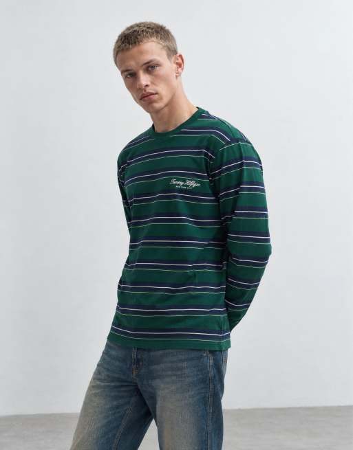 Tommy Hilfiger t-shirt à manches longues rayé avec logo script en vert/multicolore, 8 de 9