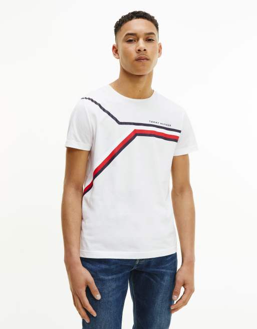 Tommy Hilfiger - T-shirt bianca con righe divise sul petto