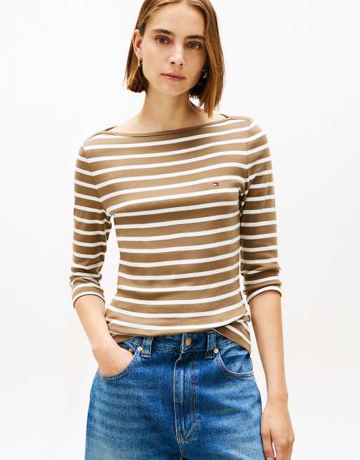Tommy Hilfiger - T-shirt col bateau à manches mi-longues - Marron