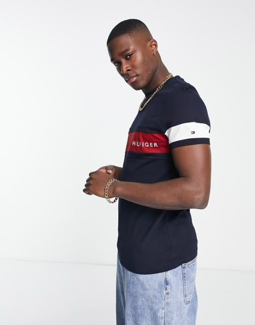 Tommy Hilfiger - T-shirt color block blu navy con logo