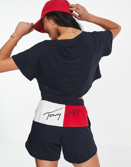 Tommy Hilfiger - T-shirt corta da spiaggia blu navy con logo in coordinato , 4 di 4