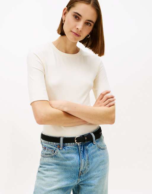 Tommy Hilfiger - T-shirt côtelé ajusté à manches mi-longues - Beige