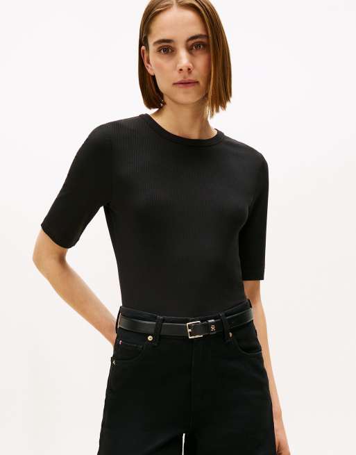 Tommy Hilfiger - T-shirt côtelé ajusté à manches mi-longues - Noir