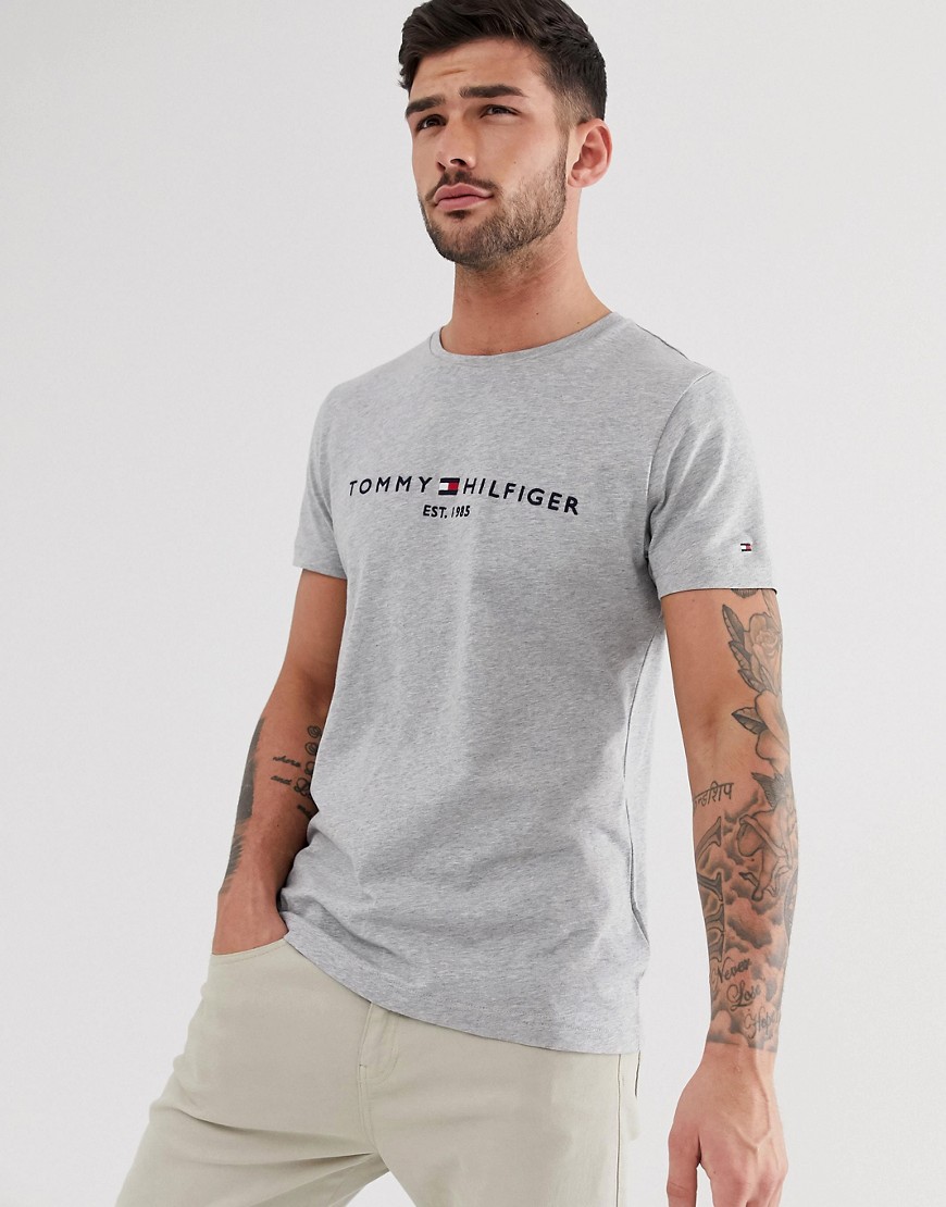 Tommy Hilfiger - T-shirt grigio mélange con logo a bandiera ricamato