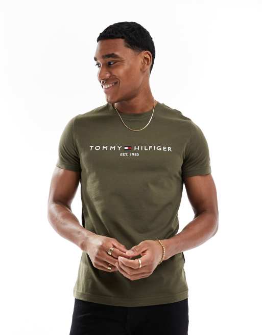 Tommy Hilfiger – T-Shirt in Military-Grün mit Logo