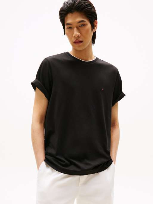 Tommy Hilfiger – T-Shirt in Schwarz mit Zierstreifen und Rundhalsausschnitt