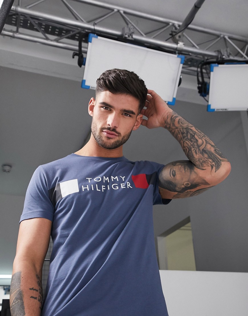 Tommy Hilfiger - T-shirt indaco sbiadito con logo e iconiche righe sul petto-Blu