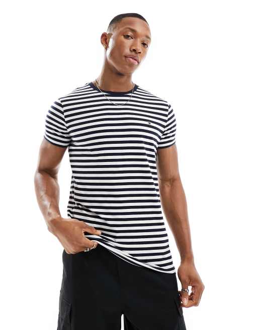 Tommy Hilfiger - T-shirt med stretch og marineblå/hvide striber i slim fit