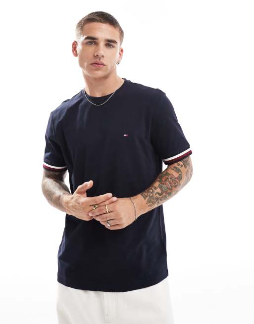 Tommy Hilfiger - T-shirt met gestreepte manchetten in marineblauw