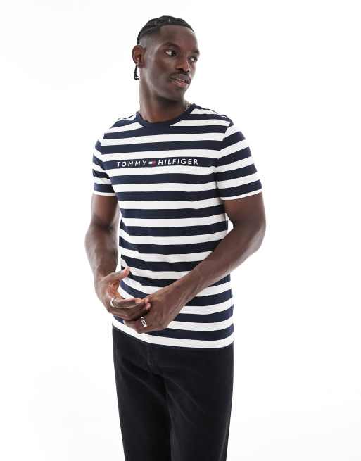 Tommy Hilfiger – T-Shirt mit Streifen in Marineblau und Weiß und Logo