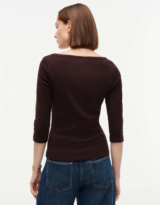 Tommy Hilfiger t-shirt slim à col bateau et manches trois-quarts chocolat, 4 de 5