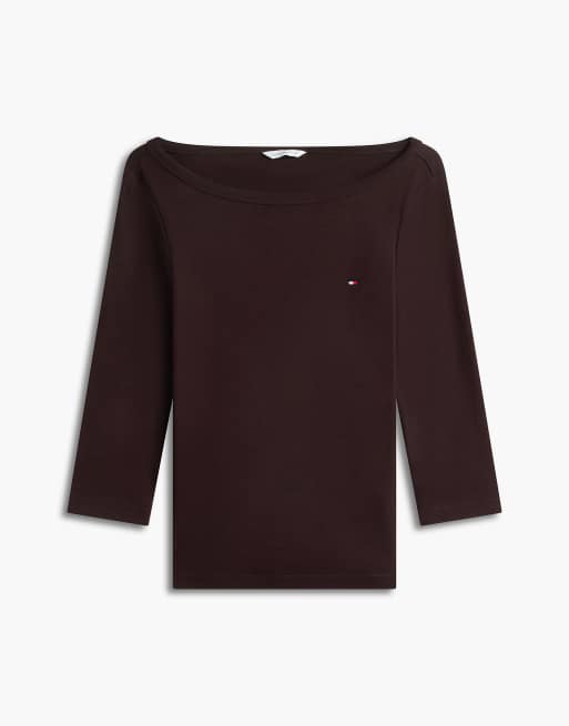 Tommy Hilfiger t-shirt slim à col bateau et manches trois-quarts chocolat, 5 de 5