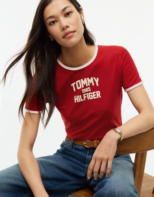 Tommy Hilfiger t-shirt slim à col contrasté avec logo varsity floqué en dark magma, 4 de 7