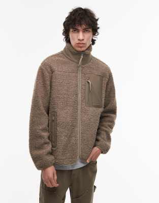 Tommy Hilfiger Teddy Fleece Zip Through Jacket In Brown