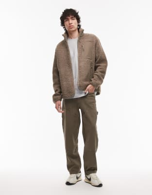 Tommy Hilfiger Teddy Fleece Zip Through Jacket In Brown