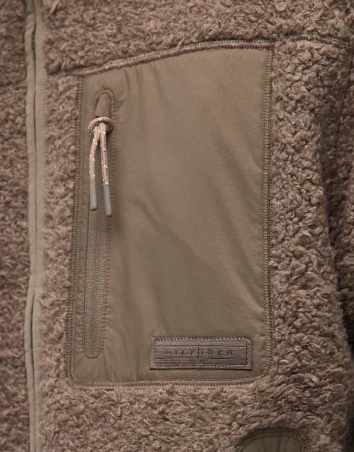 Tommy Hilfiger teddy fleece zip through jacket in taupe, 5 of 5