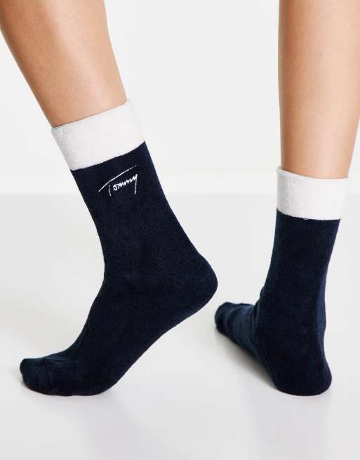 Tommy Hilfiger terry towelling cosy crew socks in navy