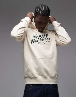 Tommy Hilfiger text graphic hoodie in cream-White