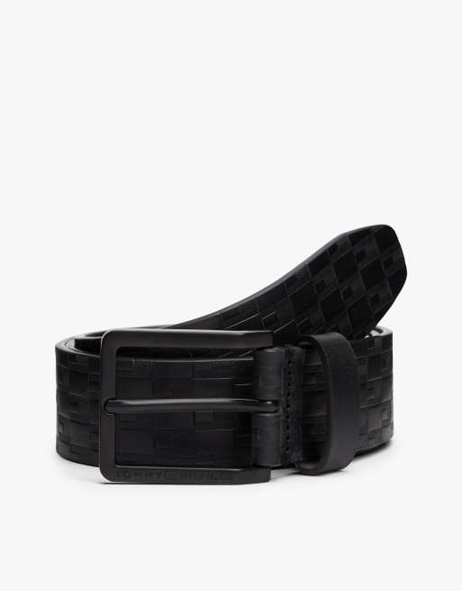 Tommy Hilfiger Th flag debossed leather belt in black
