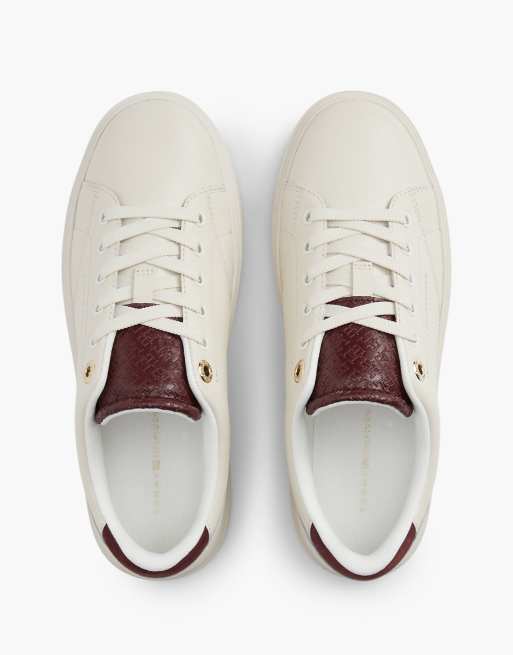 Tommy Hilfiger Th monogram leather cupsole trainers in soft cream/oxblood, 3 of 7