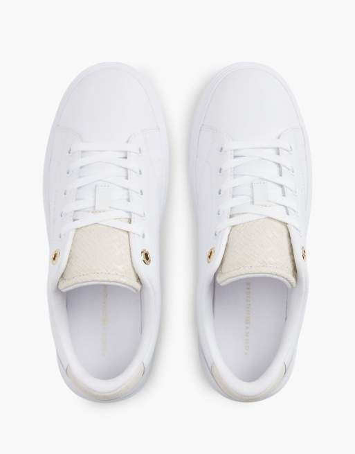 Tommy Hilfiger Th monogram leather cupsole trainers in white/soft cream, 3 of 7