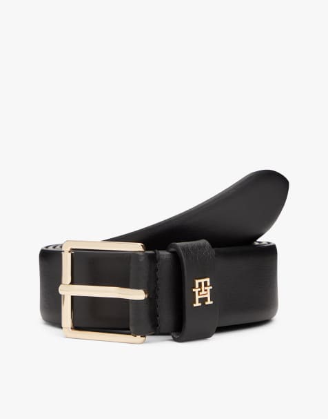 Tommy Hilfiger Th monogram square buckle leather belt in black - view 1