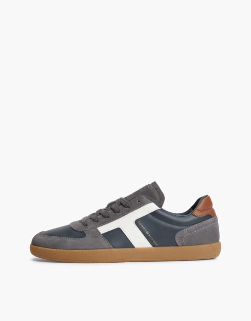 Tommy Hilfiger Th tribeca leather mixed texture trainers in navy blue, 7 of 7