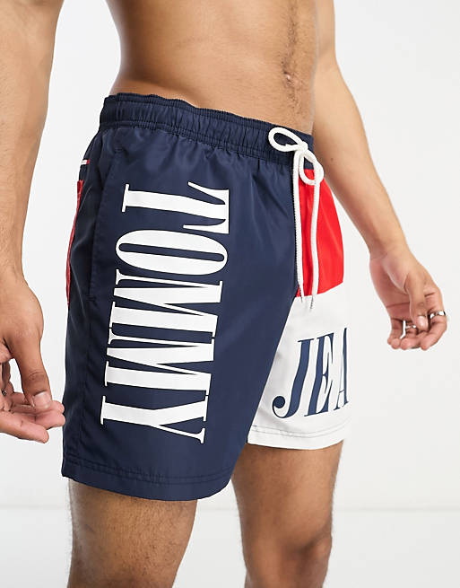 Tommy Hilfiger the core flag medium drawstring swim shorts in navy | ASOS
