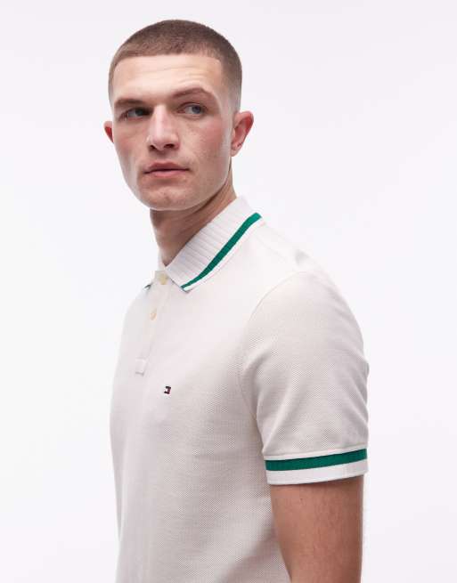 Tommy Hilfiger tipped collar regular polo shirt in white and green, 4 of 5