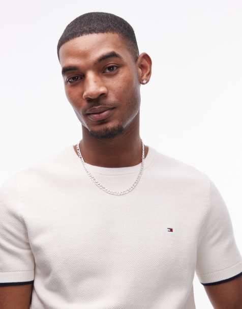 Tommy Hilfiger tipped knitted t-shirt in off white - view 1