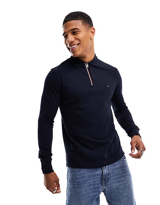 Tommy Hilfiger tipped long sleeve slim polo in desert sky | ASOS