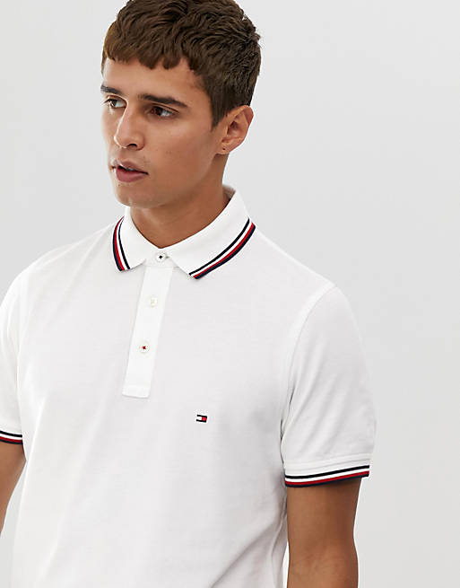 Tommy Hilfiger tipped polo slim fit with pique flag logo in white | ASOS
