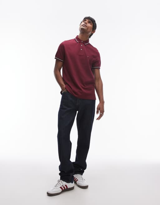 Tommy Hilfiger tipped slim fit polo shirt in burgundy, 2 of 4