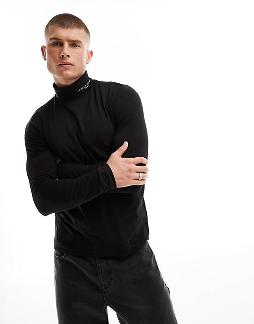 Tommy Hilfiger tommy logo roll neck long sleeve t-shirt in black | ASOS
