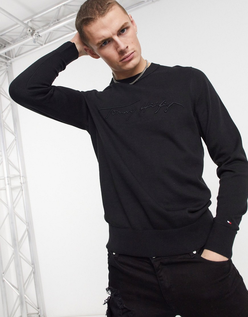 Tommy Hilfiger tonal autograph logo embroidery knit jumper in black